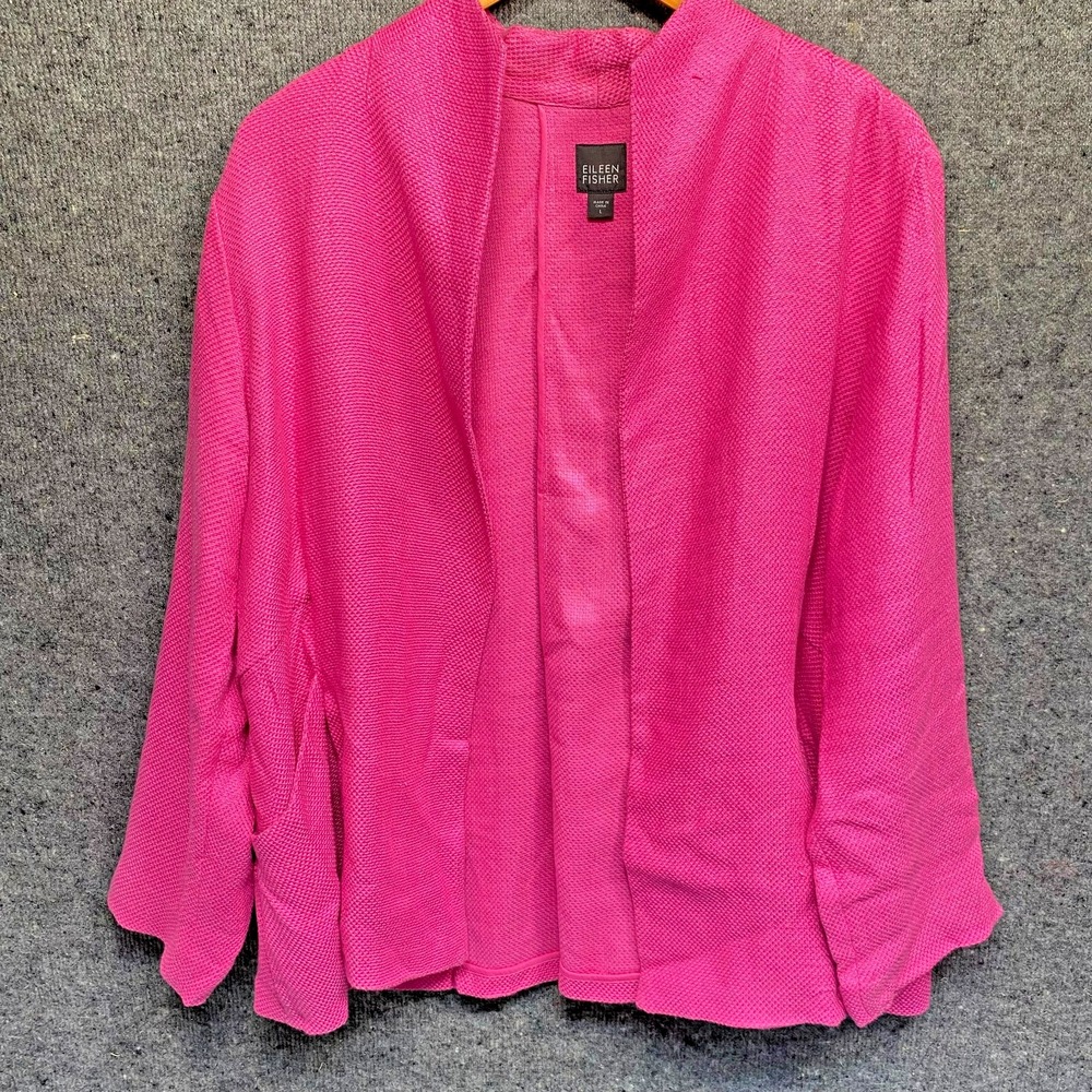 Eileen Fisher Womens Large Pink Textured Open Front Jacket Blazer Cardigan Linen